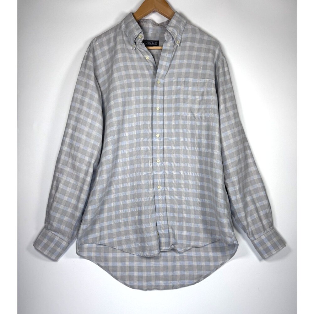 Lands End Linen Shirt Mens 15.5 Neck 34 Gray Blue Plaid Button Down Long Sleeve